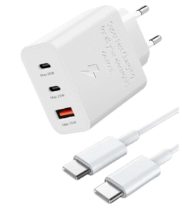 65W PD Super Fast Charging Power Adapter Trio Charger USB-C x 2 Ports, USB-A Port (White)