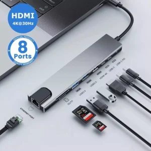 8-in-1 USB-C Hub with 4K HDTV, 100W PD Charging, RJ45 Ethernet, SD/TF Card Reader, USB 2.0/3.0 Ports