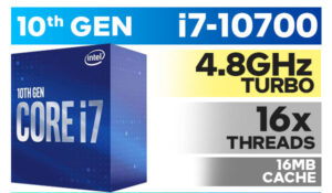 Intel 10th Gen Core i7-10700 Comet Lake up to 4.80GHz 16MB Cache LGA 1200 65W Desktop Processor / Intel UHD Graphics 630 / 8x Cores / 16x Threads / Intel Optane Memory Support / Enhanced Intel SpeedStep Technology / Intel Virtualization Technology (VT-x) / Intel vPro Technology / Require 400 Series Chipset Motherboard (Z490,B460,H470, H410)