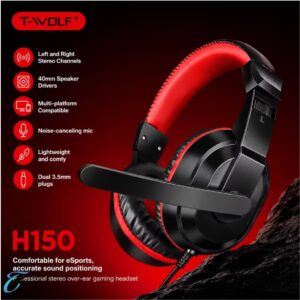T-WOLF H150 Wired Gaming Headset with Noise-Cancelling Microphone | Stereo Over-Ear Headphones | 3.5mm