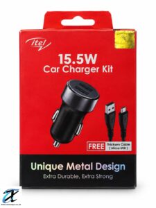 itel 15.5W Metal Design Dual USB Car Charger Kit + Micro USB Cable